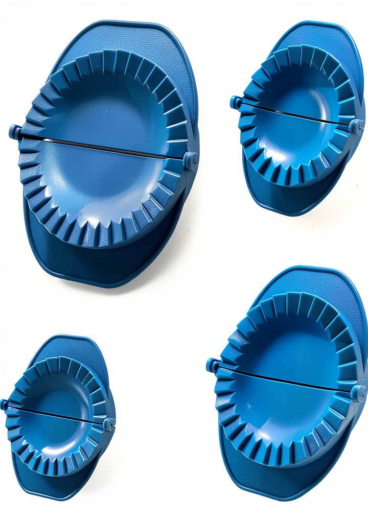 Machika dough press set with blue plastic molds on a kitchen counter
