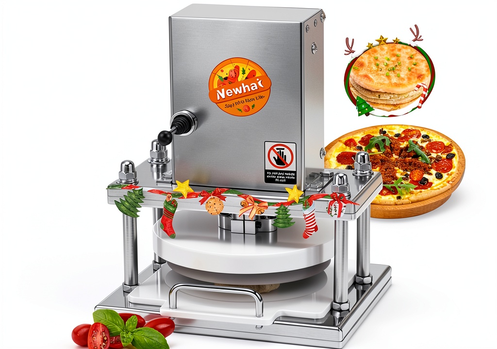 Newhai electric dough press machine on a countertop with dough ready for pressing