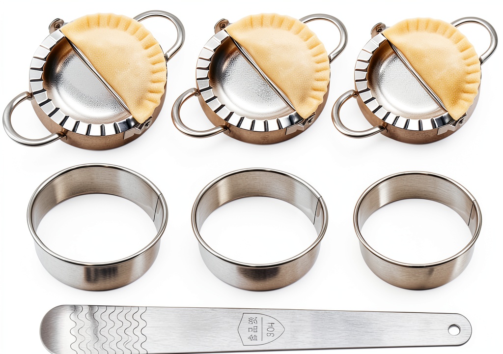 HGEKLIZV dumpling maker set with three press molds on a kitchen counter