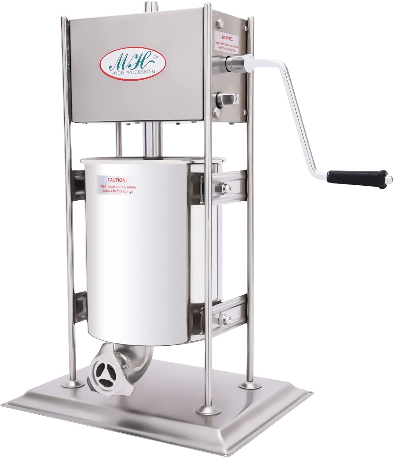 Commercial sausage stuffer with stainless steel bucket and churro molds