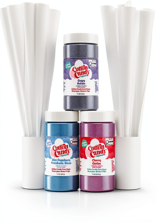 Cotton Candy Express Floss Sugar Variety Pack with 3 - 11oz Plastic Jars of Cherry, Blue Raspberry & Grape Flossing Sugars Plus 50 Paper Cotton Candy Cones-0